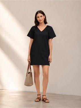 Madewell Black V-Neck Mini Dress Minimalist simple pockets Poplin cotton